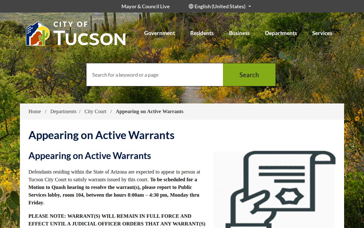 Tucson City Court active warrant appearance instructions