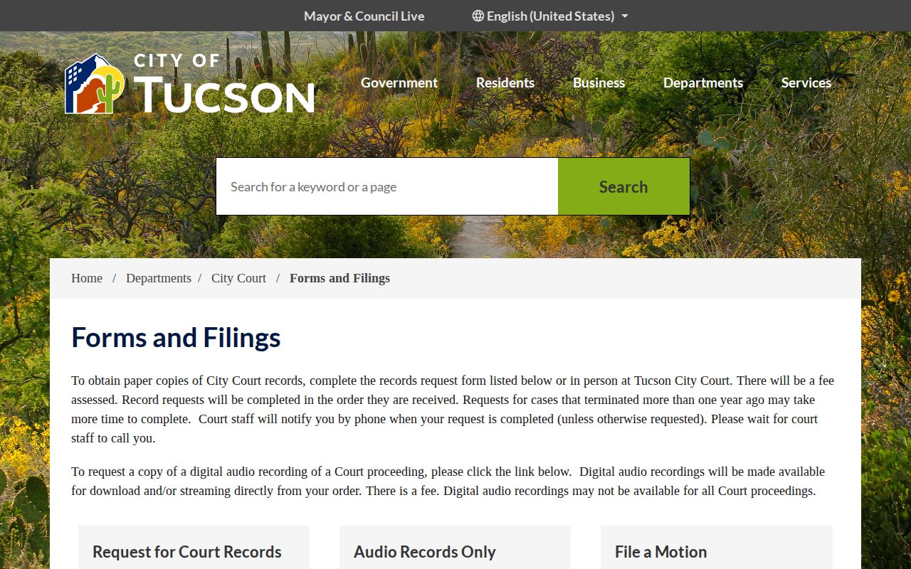 Tucson City Court forms and records request page