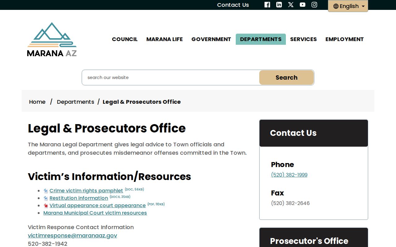 Marana Legal and Prosecutor's Office page for Pima County municipal cases