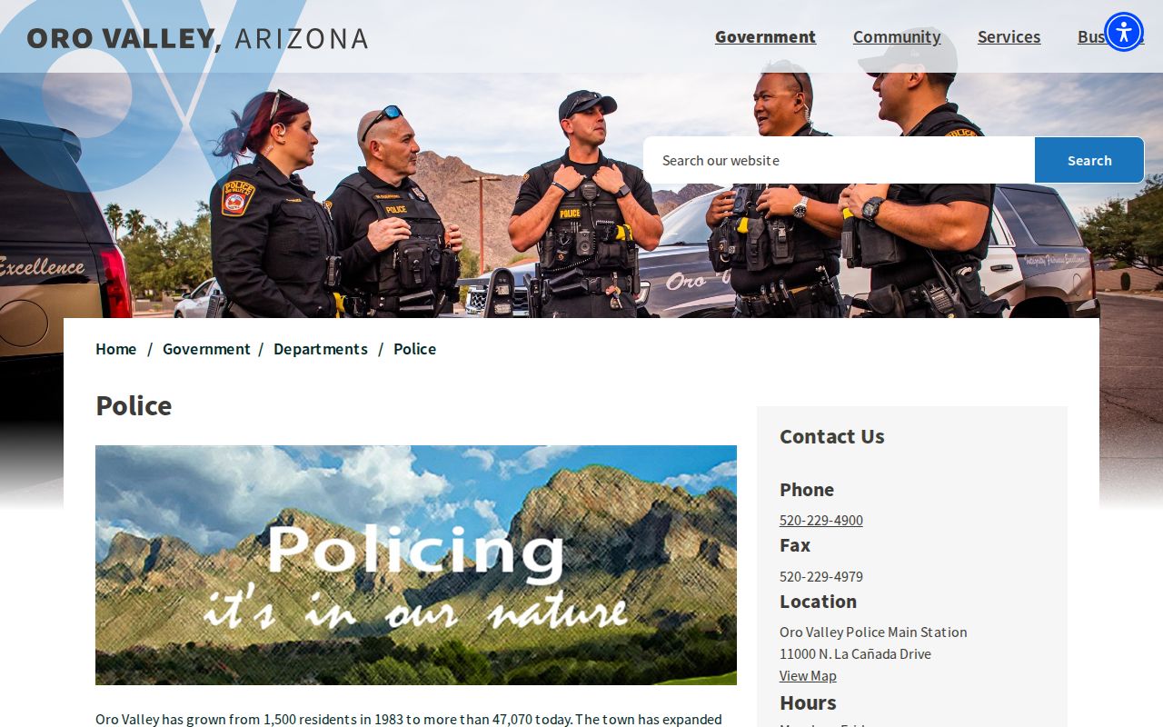 Official Oro Valley Police Department contact page