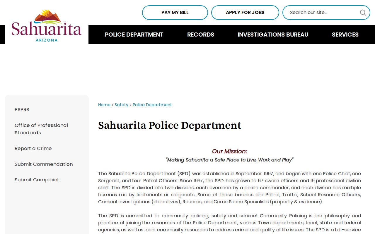 Sahuarita Police Department contact page for municipal warrant service
